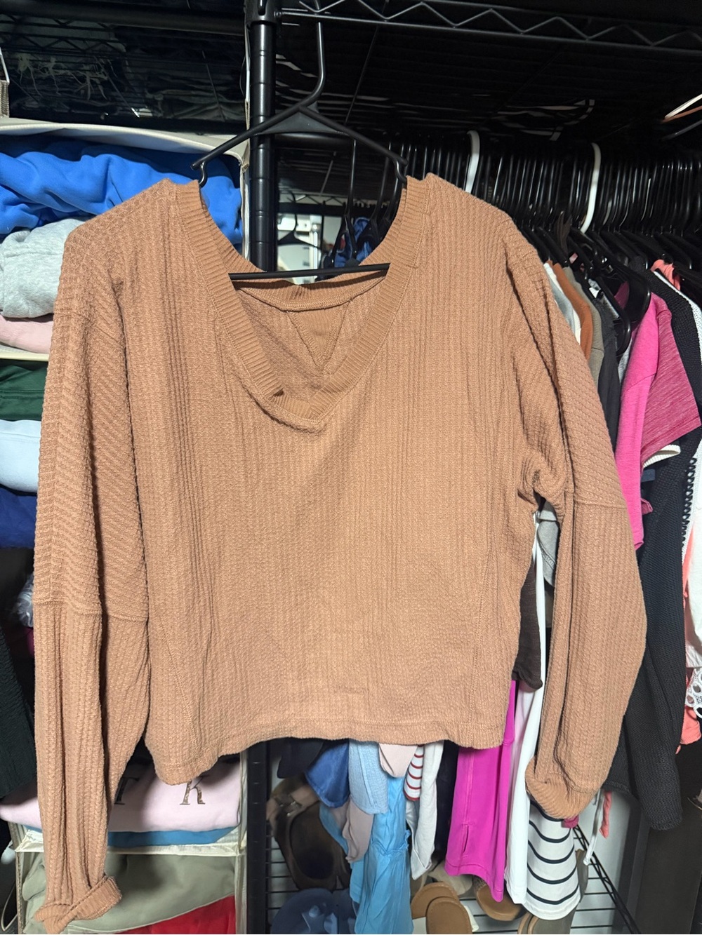 Waffle-Knit Long Sleeve V-Neck Top - Brown